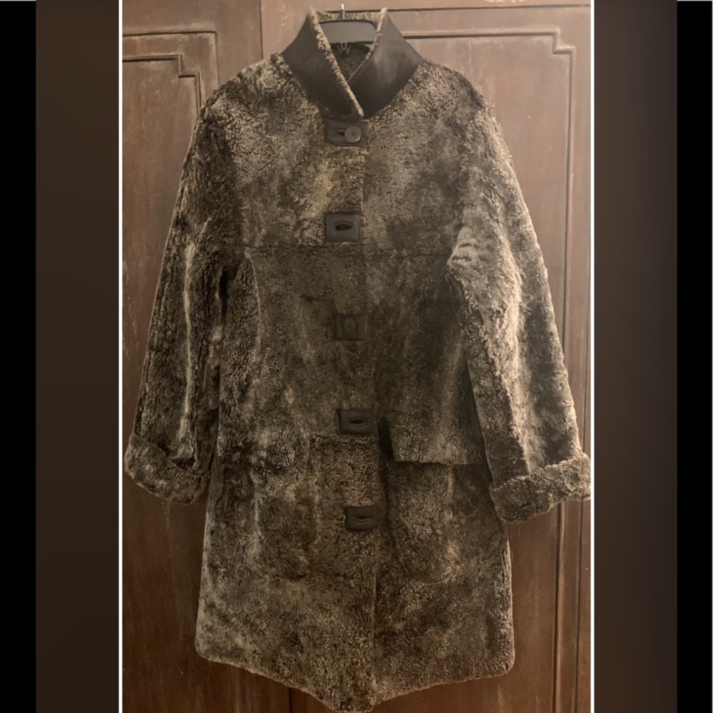 Leather and Shearling 3/4 length coat - Brown